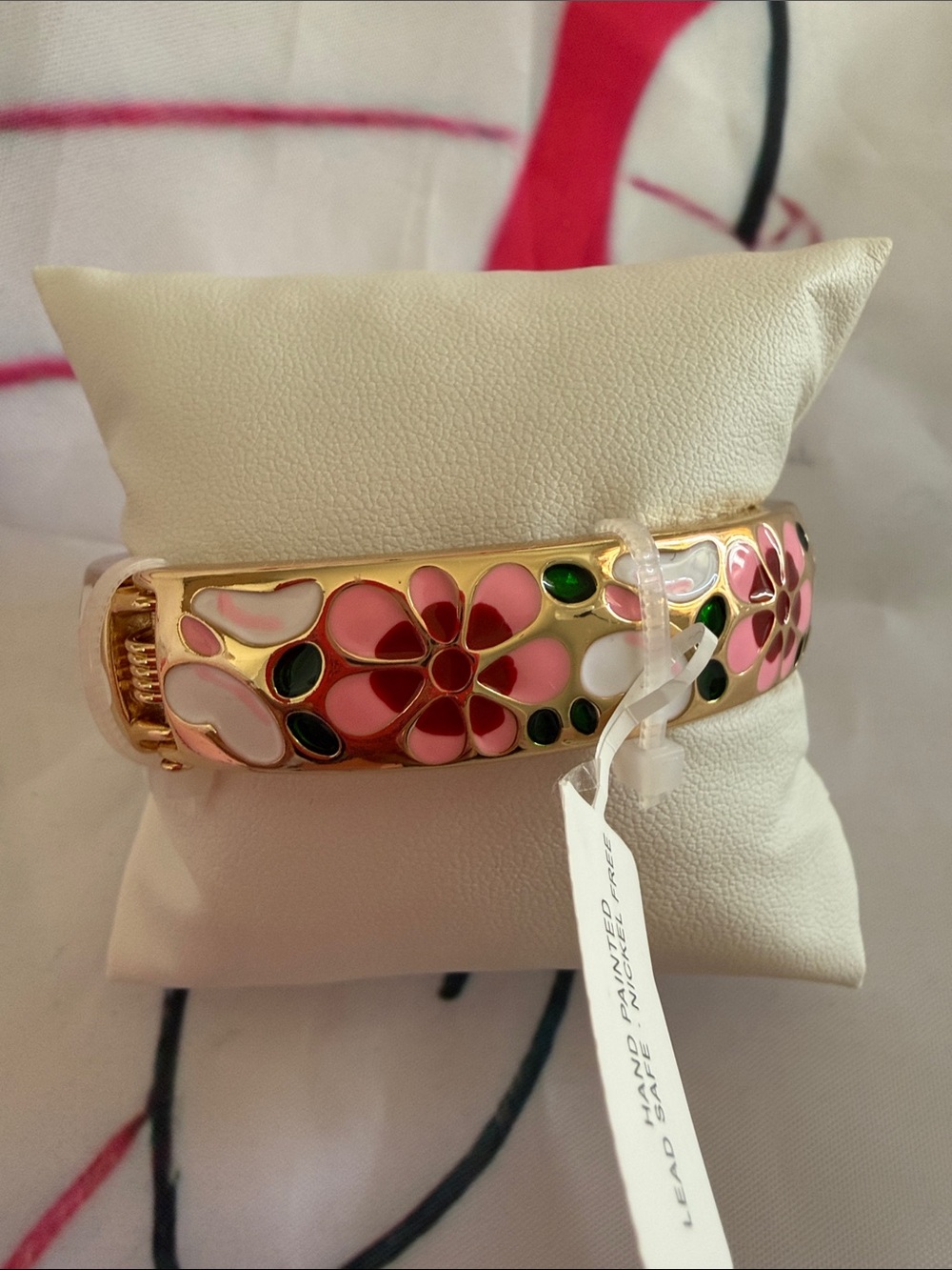 Gold-Tone Pink Floral Enamel Hinged Bangle Bracelet - Unbranded